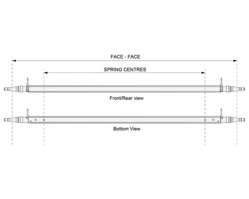 Straight Beam Axle - Disc Braked - 1750kg - Galvanised dimensions layout with front, rear, and bottom views.