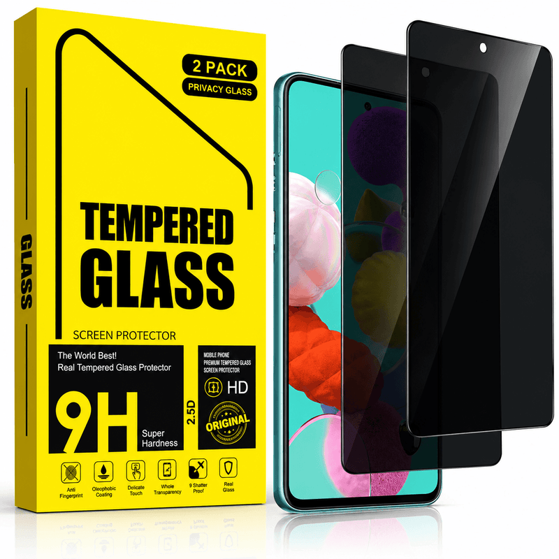 techplus Screen protector Samsung Galaxy A51 Privacy Tempered Glass Screen Protector (2 Pack) – 9H HD Anti-Spy, 2.5D Rounded Edge, Impact & Scratch Resistant Samsung Galaxy A51 Privacy Glass Screen Protector
