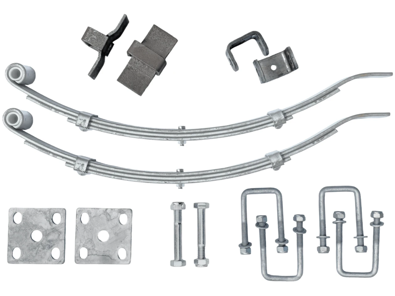 Multi Leaf Spring Kit components including springs, hangers, bolts, slippers, and U-bolts for vehicle suspension.