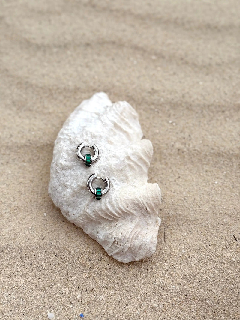 Moana Pūkākā Kākāriki Silver Huggies by Tahana Jewellery