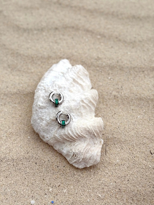 Moana Pūkākā Kākāriki Silver Huggies by Tahana Jewellery