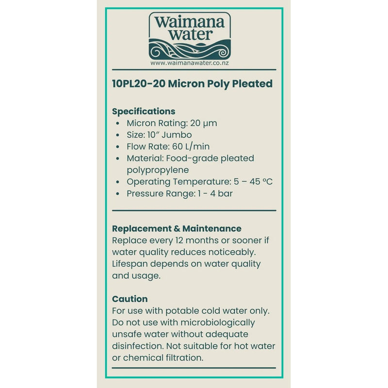 Waimana 10 Inch Jumbo Pleated Sediment Filter - 20 Micron, Cleanable & Reusable NZ by Filtration Station NZ