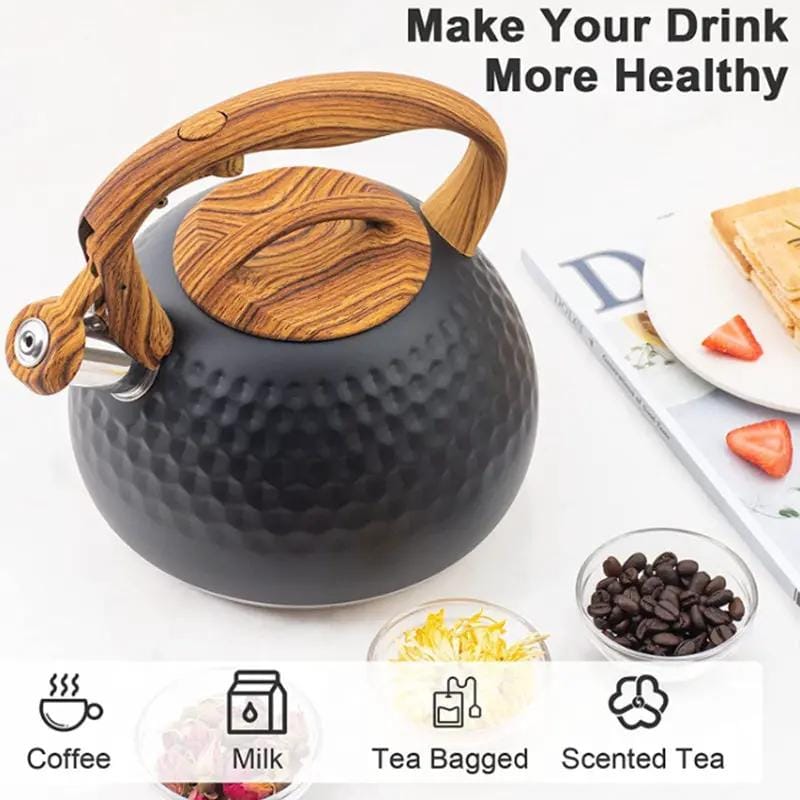 g8buynz g8buynz 3L Whistling Stainless Steel Diamond Pattern Tea Kettle with Wood Grain Handle Black 3L Whistling Stainless Steel Diamond Pattern Tea Kettle with Wood Grain Handle Black