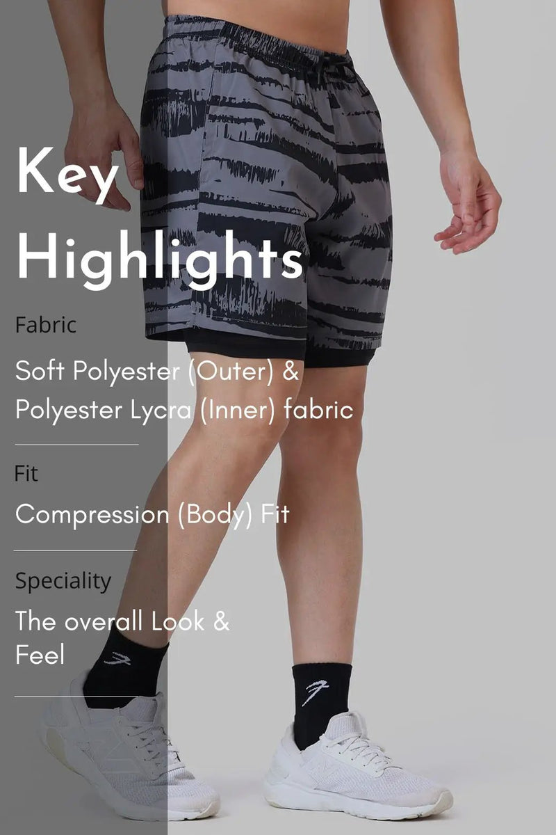 2 in 1 Printed Compression Shorts Gold Grey by Fuaark Nz