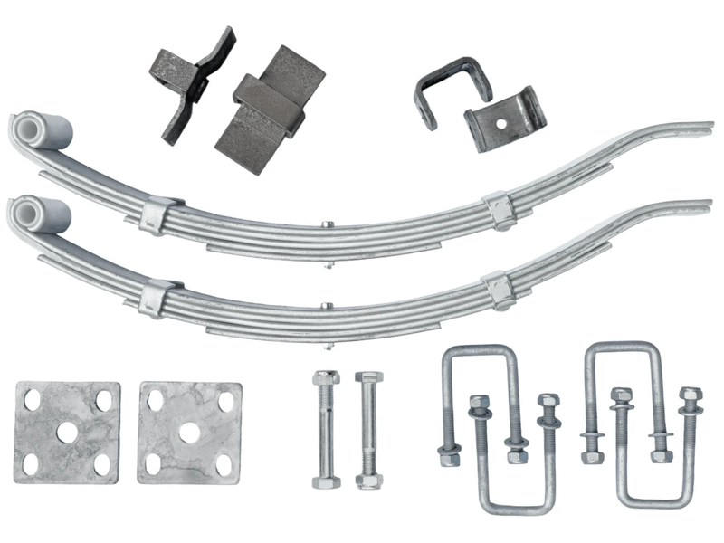 Multi Leaf Spring Kit components including springs, hangers, bolts, slippers, plates, and U-bolts.