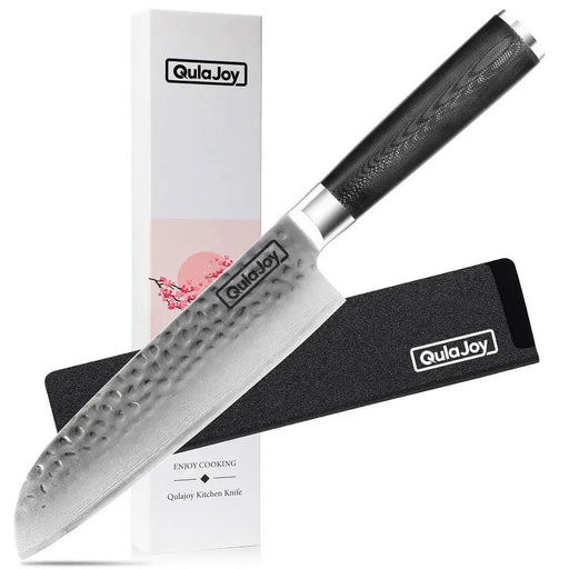 Qulajoy 7 Inch Santoku Knife- Ultra Sharp Japanese 67 Layers Damascus VG-10 Steel Core - Professional Hammered Chef Knife - Ergonomic G10 Handle With Sheath - Santoku by China Dropship