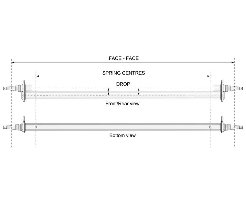 Drop Beam Axle technical diagram showing front/rear and bottom views with dimensions for spring centres and drop.