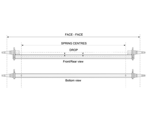 Drop Beam Axle technical diagram showing front/rear and bottom views with dimensions for spring centres and drop.