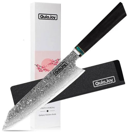 Qulajoy Classic 9 Inch Japanese Gyuto Chef Knife - Handcrafted VG-10 Steel Core Forged Mirror Blade - Octagonal Ebony Wood Handle With Sheath - Kiritsuke by China Dropship