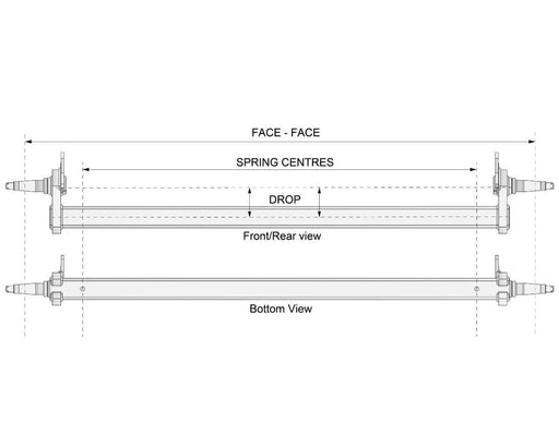 Drop Beam Axle dimensions showing front/rear view and bottom view with face-face and spring centres measurements.