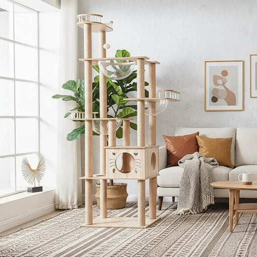 185cm Modern Multi-Level Large Real Solid Wood Cat Tree, Luxury Wooden Cat Tower by dealonline.co.nz