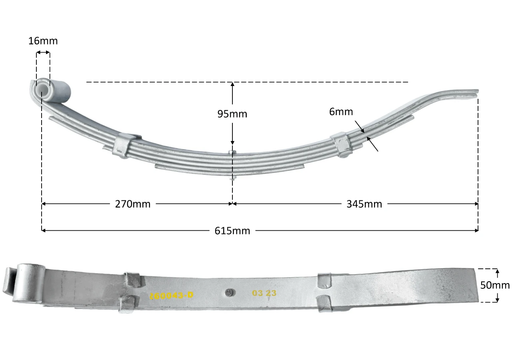 Trojan 5 Leaf Low Slipper Spring - 1250kg - 50mm wide - Pair showcasing dimensions and design features.