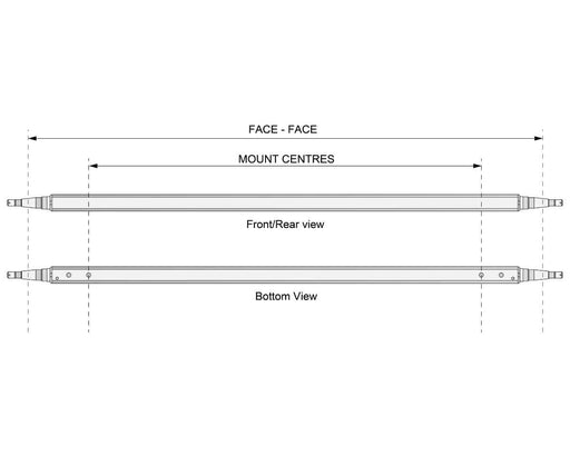 Straight Beam Axle - Non-Braked - 1500kg - Galvanised front and bottom view diagram with mount centres dimensions.