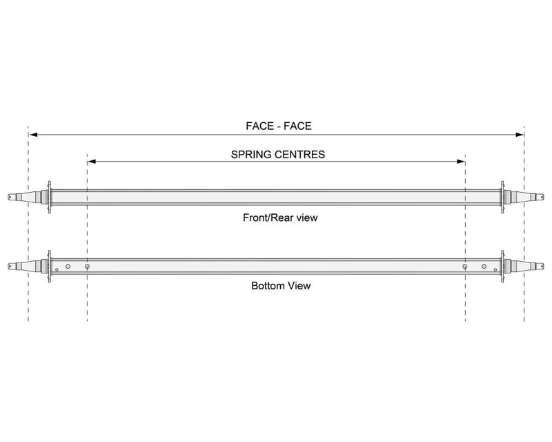 Straight-Beam Axle - 10" Drum - 1750kg - Bare Metal dimensions showing front and bottom views with spring centres.