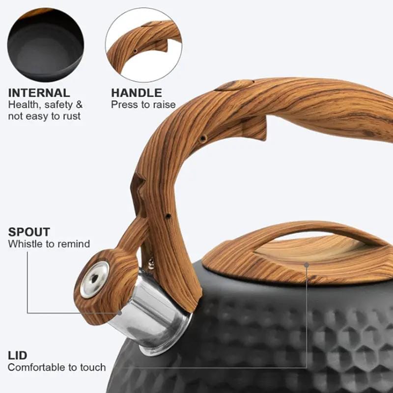 g8buynz g8buynz 3L Whistling Stainless Steel Diamond Pattern Tea Kettle with Wood Grain Handle Black 3L Whistling Stainless Steel Diamond Pattern Tea Kettle with Wood Grain Handle Black