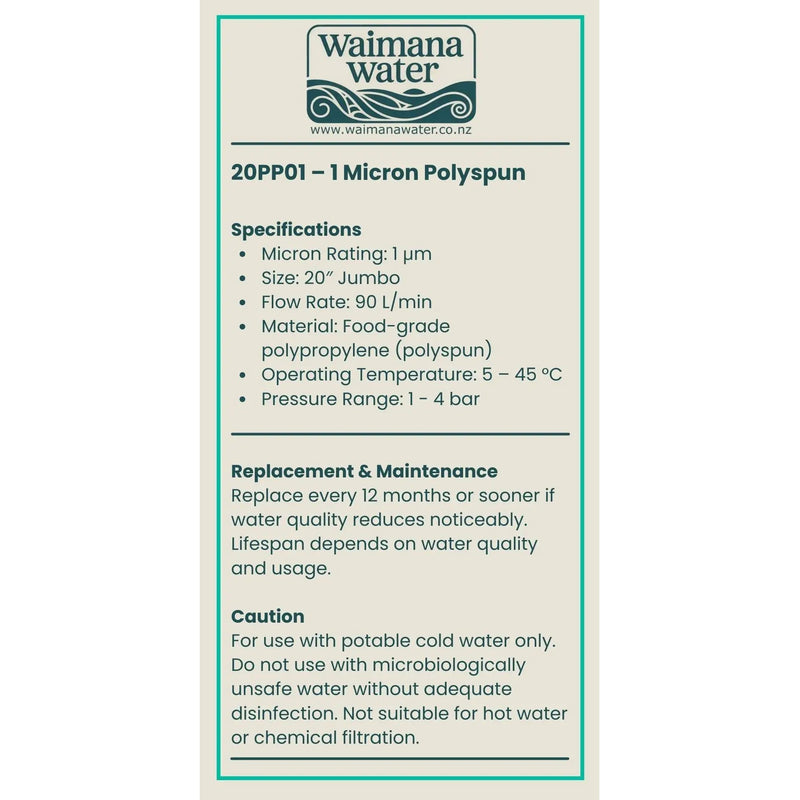 Waimana 20 Inch Jumbo Polyspun Sediment Filter - 1, 5 & 10 Micron Options NZ by Filtration Station NZ