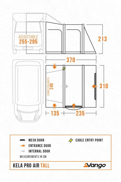 Vango Sunlight Air 380 Elements Proshield schematic with door measurements and cable entry point details.