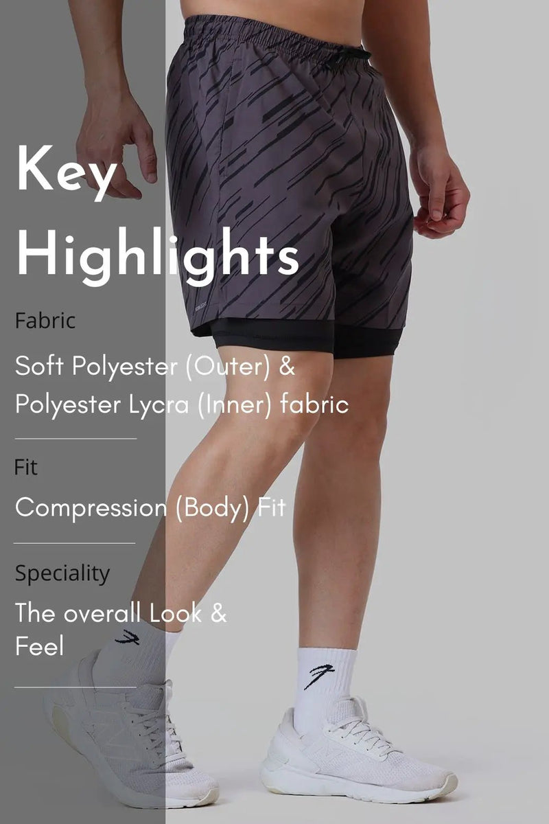 2 in 1 Printed Compression Shorts Graphite by Fuaark Nz