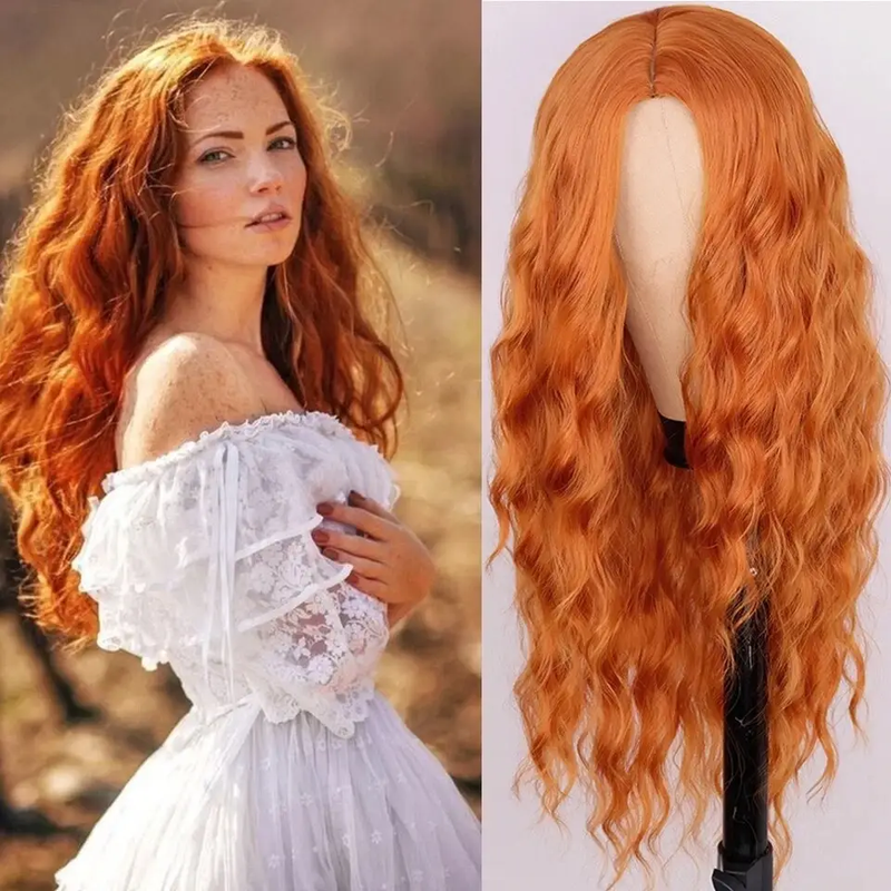 Orange Long Curly Wavy Hair Cosplay Full Wig Party by dealonline.co.nz