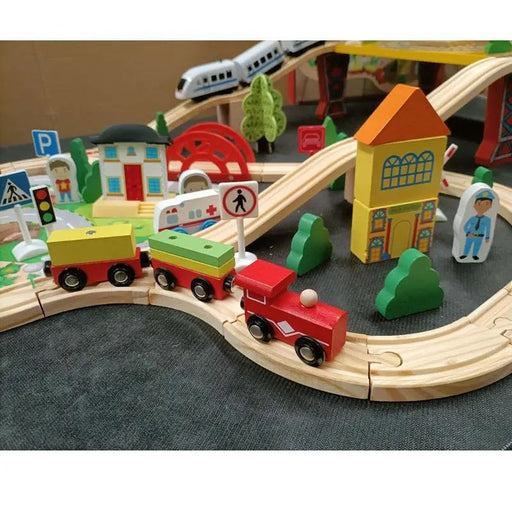 78 Pcs Wooden Railway Track Toy Early Educational Manual Control Car Set Gift by dealonline.co.nz