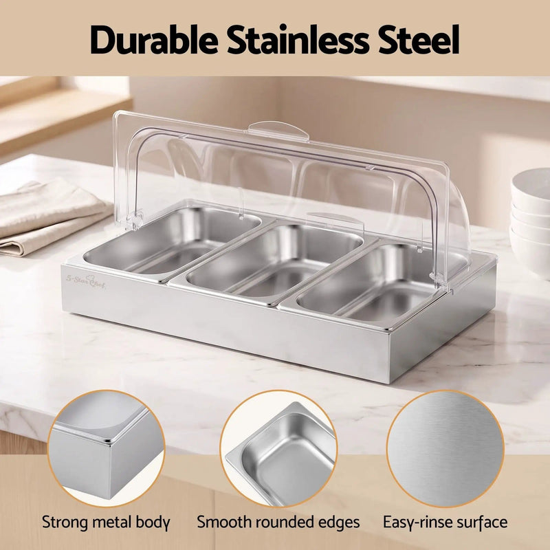 SportZone.co.nz Home & Garden > Kitchenware > Food Storage 5-Star Chef 3 Pan Food Serving Display Stainless Steel with Clear Roll Top Cover 5-Star Chef 3 Pan Food Serving Display Stainless Steel with Clear Roll Top Cover