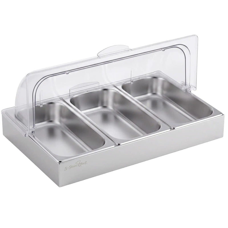 SportZone.co.nz Home & Garden > Kitchenware > Food Storage 5-Star Chef 3 Pan Food Serving Display Stainless Steel with Clear Roll Top Cover 5-Star Chef 3 Pan Food Serving Display Stainless Steel with Clear Roll Top Cover