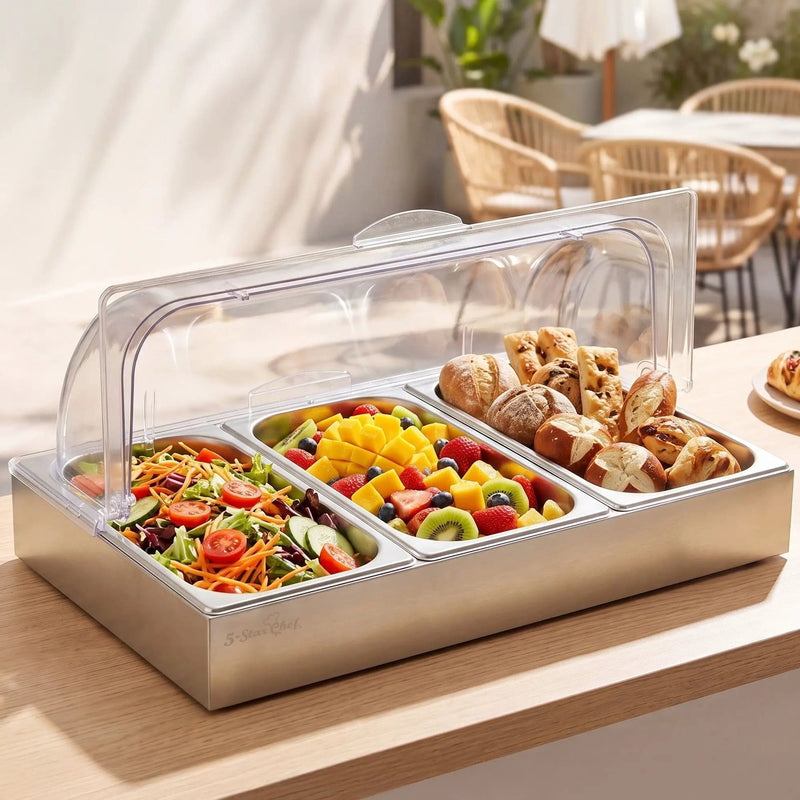 SportZone.co.nz Home & Garden > Kitchenware > Food Storage 5-Star Chef 3 Pan Food Serving Display Stainless Steel with Clear Roll Top Cover 5-Star Chef 3 Pan Food Serving Display Stainless Steel with Clear Roll Top Cover