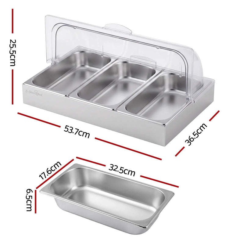 SportZone.co.nz Home & Garden > Kitchenware > Food Storage 5-Star Chef 3 Pan Food Serving Display Stainless Steel with Clear Roll Top Cover 5-Star Chef 3 Pan Food Serving Display Stainless Steel with Clear Roll Top Cover