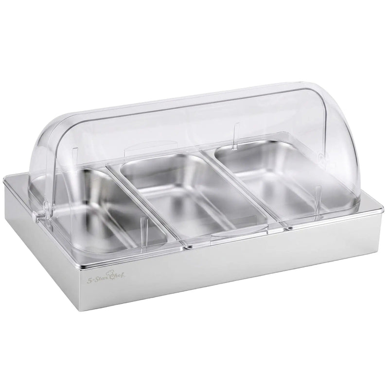 SportZone.co.nz Home & Garden > Kitchenware > Food Storage 5-Star Chef 3 Pan Food Serving Display Stainless Steel with Clear Roll Top Cover 5-Star Chef 3 Pan Food Serving Display Stainless Steel with Clear Roll Top Cover