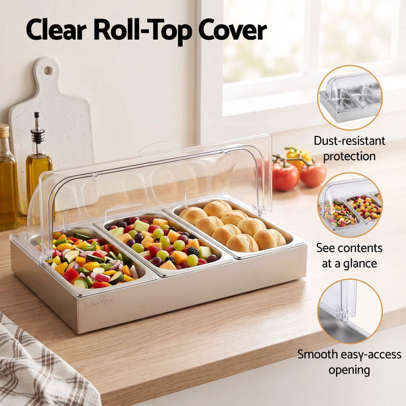 SportZone.co.nz Home & Garden > Kitchenware > Food Storage 5-Star Chef 3 Pan Food Serving Display Stainless Steel with Clear Roll Top Cover 5-Star Chef 3 Pan Food Serving Display Stainless Steel with Clear Roll Top Cover