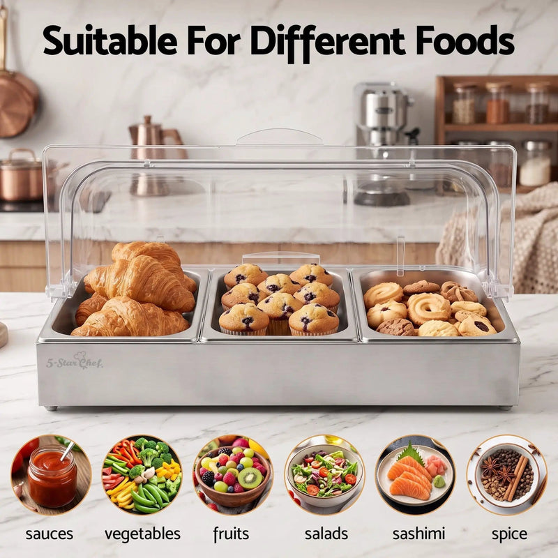 SportZone.co.nz Home & Garden > Kitchenware > Food Storage 5-Star Chef 3 Pan Food Serving Display Stainless Steel with Clear Roll Top Cover 5-Star Chef 3 Pan Food Serving Display Stainless Steel with Clear Roll Top Cover