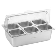SportZone.co.nz Home & Garden > Kitchenware > Food Storage 5-Star Chef 6 Pan Food Serving Display Stainless Steel Cooler Platter with Clear Roll Top Cover 5-Star Chef 6 Pan Food Serving Display Stainless Steel Cooler Platter with Clear Roll Top Cover