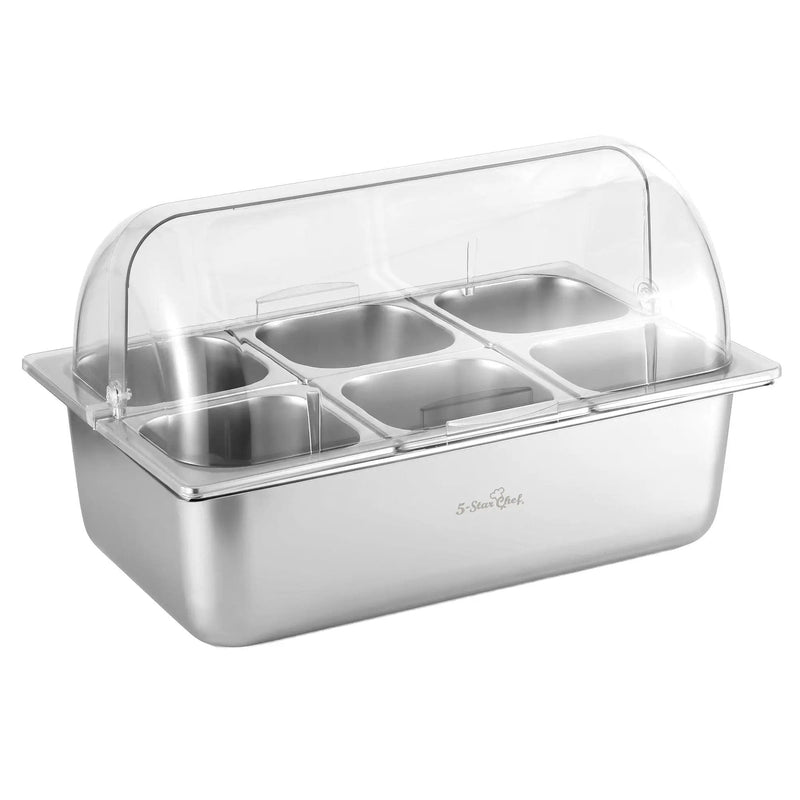 SportZone.co.nz Home & Garden > Kitchenware > Food Storage 5-Star Chef 6 Pan Food Serving Display Stainless Steel Cooler Platter with Clear Roll Top Cover 5-Star Chef 6 Pan Food Serving Display Stainless Steel Cooler Platter with Clear Roll Top Cover