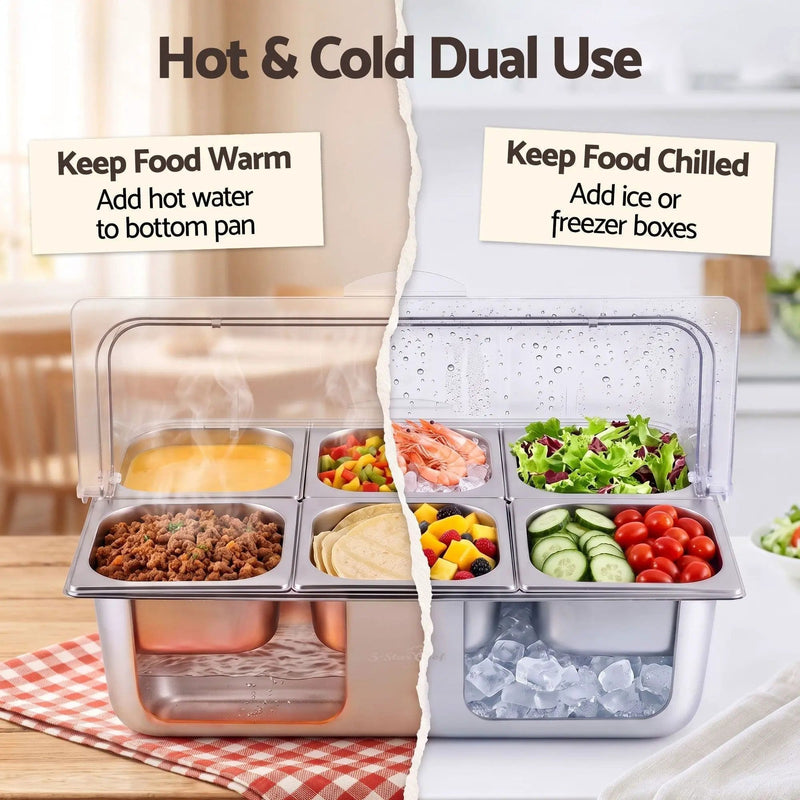 SportZone.co.nz Home & Garden > Kitchenware > Food Storage 5-Star Chef 6 Pan Food Serving Display Stainless Steel Cooler Platter with Clear Roll Top Cover 5-Star Chef 6 Pan Food Serving Display Stainless Steel Cooler Platter with Clear Roll Top Cover