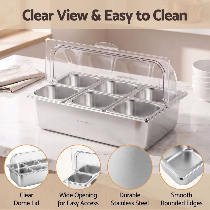 SportZone.co.nz Home & Garden > Kitchenware > Food Storage 5-Star Chef 6 Pan Food Serving Display Stainless Steel Cooler Platter with Clear Roll Top Cover 5-Star Chef 6 Pan Food Serving Display Stainless Steel Cooler Platter with Clear Roll Top Cover