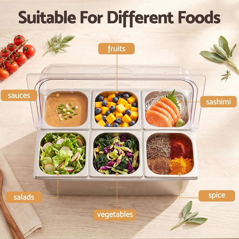 SportZone.co.nz Home & Garden > Kitchenware > Food Storage 5-Star Chef 6 Pan Food Serving Display Stainless Steel Cooler Platter with Clear Roll Top Cover 5-Star Chef 6 Pan Food Serving Display Stainless Steel Cooler Platter with Clear Roll Top Cover