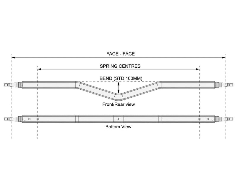 Gull Wing Axle - Non Braked - 1500kg - Galvanised front and rear view diagram with dimensions.