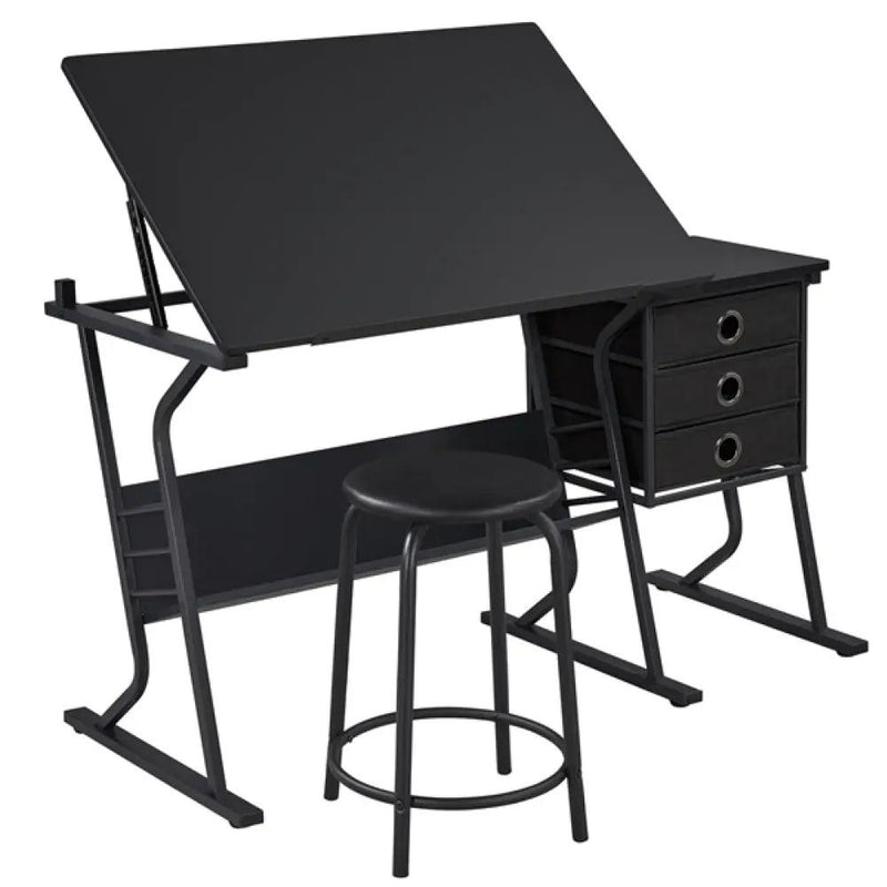 Drafting Table & Stool Set For Artists Tilting Tabletop with Additional Side Countertop by Yaheetech