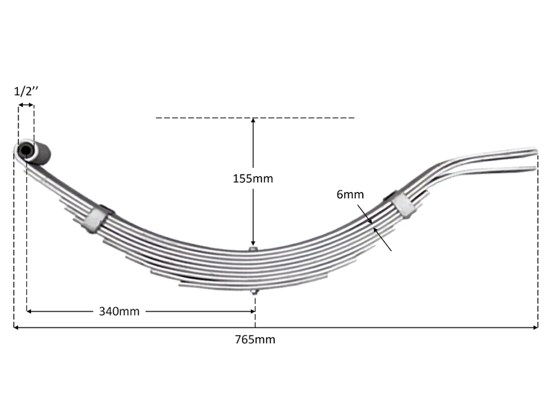 Trojan Long Series Spring - 9 leaf -1900kg - Pair dimensions with measurements: 765mm x 340mm x 155mm.