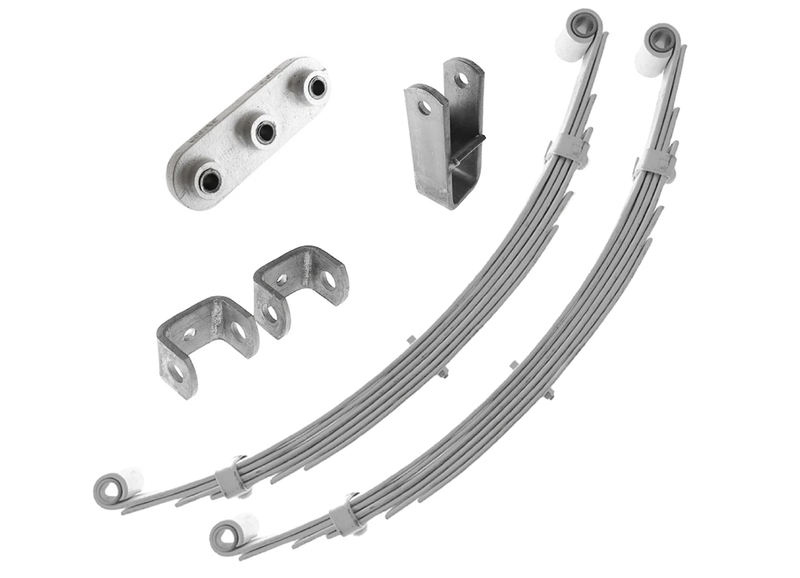 Double Eye Rocker Type components including leaf springs and brackets for trailer suspension.