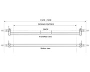 Technical drawing of Drop Beam Axle - Tophat Disk - 1750kg - Bare Metal showing front and bottom views.