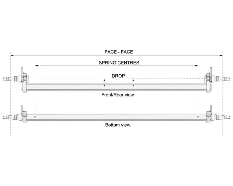 Technical drawing of Drop Beam Axle - Tophat Disk - 1750kg - Bare Metal showing front and bottom views.