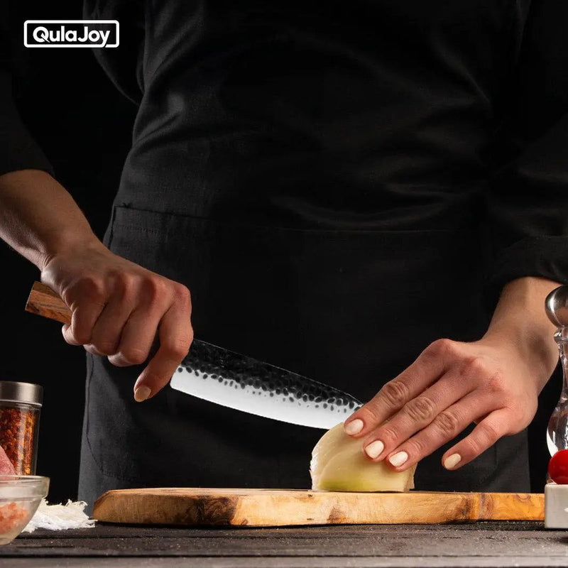 Qulajoy 7 Inch Santoku Knife - Professional Japanese Chef Knife - Razor Sharp 9cr18mov Blade - Hammered Kitchen Knife - Octagonal Rosewood Handle With Sheath - Nakiri by China Dropship