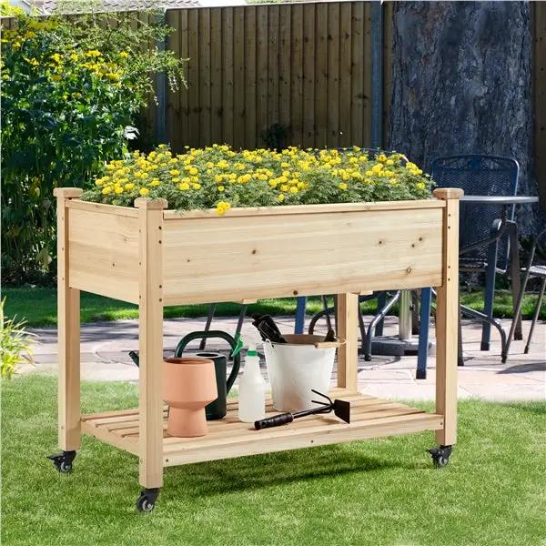 Raised Garden Bed Elevated Garden Bed with Wheels Fir Wood Planting Bed by Yaheetech