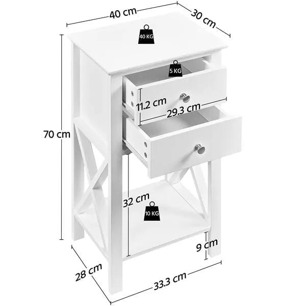 2x 70cm H Bedside Table with 2 Drawer 1 Shelf X Shape End Table Nightstand by Yaheetech