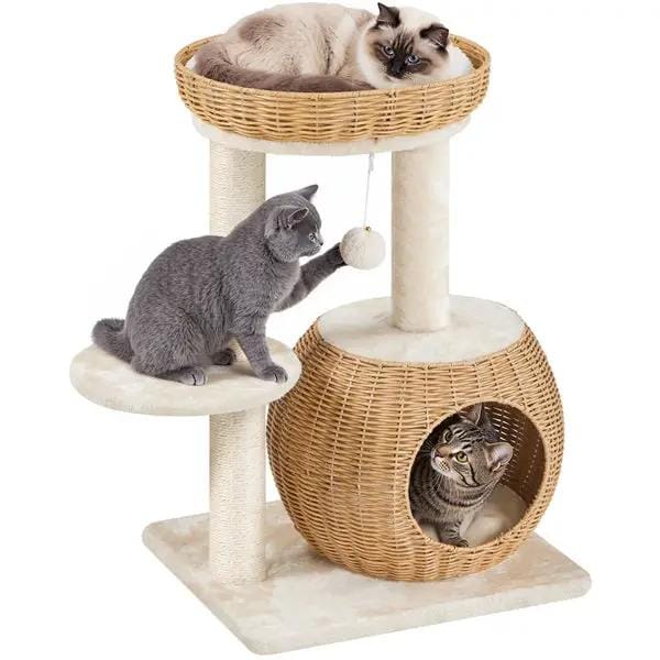 Yaheetech Yaheetech Compact Rattan Cat Condo — Cat Tree with Condo, Top Basket & Scratching Post Yaheetech Compact Rattan Cat Condo — Cat Tree with Condo, Top Basket & Scratching Post