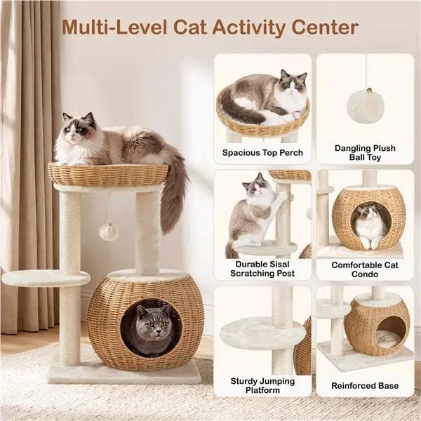 Yaheetech Yaheetech Compact Rattan Cat Condo — Cat Tree with Condo, Top Basket & Scratching Post Yaheetech Compact Rattan Cat Condo — Cat Tree with Condo, Top Basket & Scratching Post