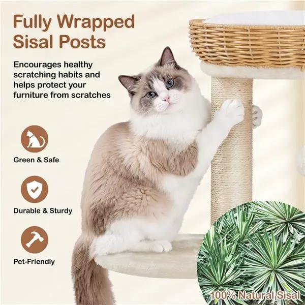 Yaheetech Yaheetech Compact Rattan Cat Condo — Cat Tree with Condo, Top Basket & Scratching Post Yaheetech Compact Rattan Cat Condo — Cat Tree with Condo, Top Basket & Scratching Post