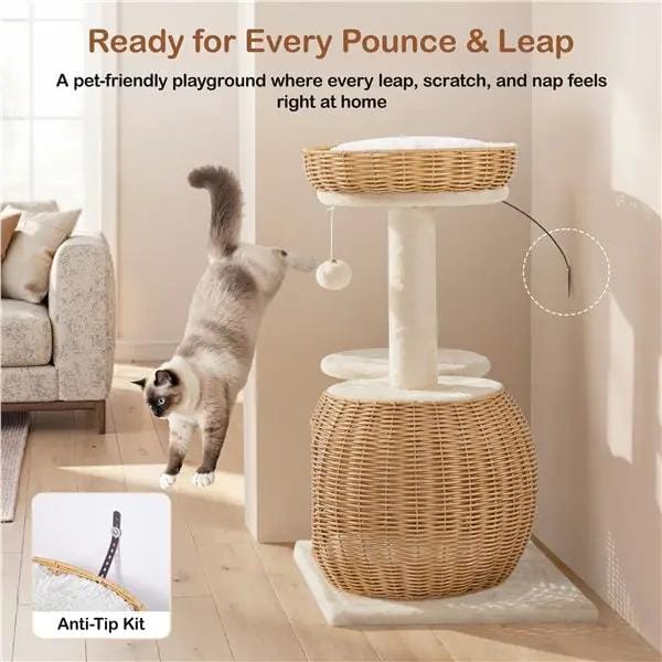 Yaheetech Yaheetech Compact Rattan Cat Condo — Cat Tree with Condo, Top Basket & Scratching Post Yaheetech Compact Rattan Cat Condo — Cat Tree with Condo, Top Basket & Scratching Post