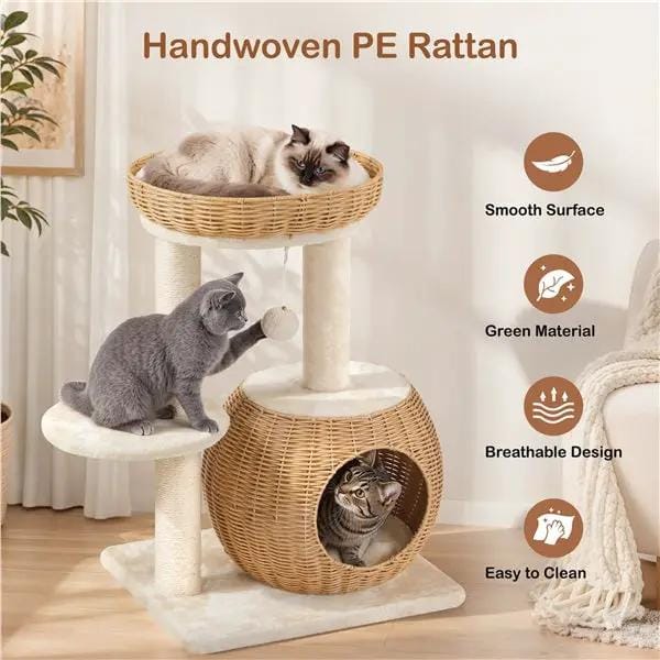 Yaheetech Yaheetech Compact Rattan Cat Condo — Cat Tree with Condo, Top Basket & Scratching Post Yaheetech Compact Rattan Cat Condo — Cat Tree with Condo, Top Basket & Scratching Post